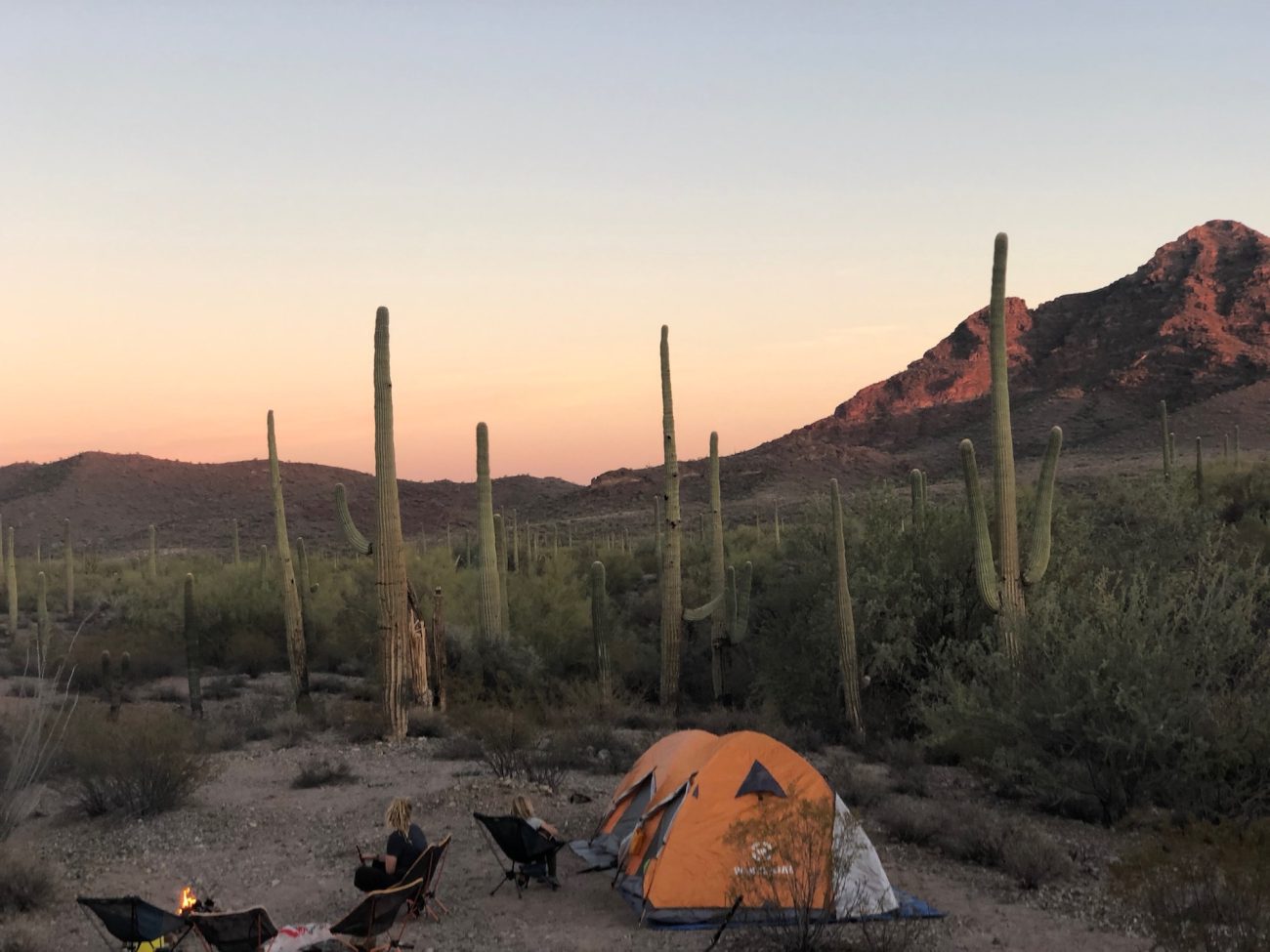 Two Tents in desert at sunset
