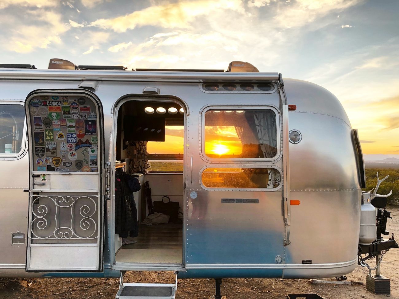 Side view of Airstream at sunset