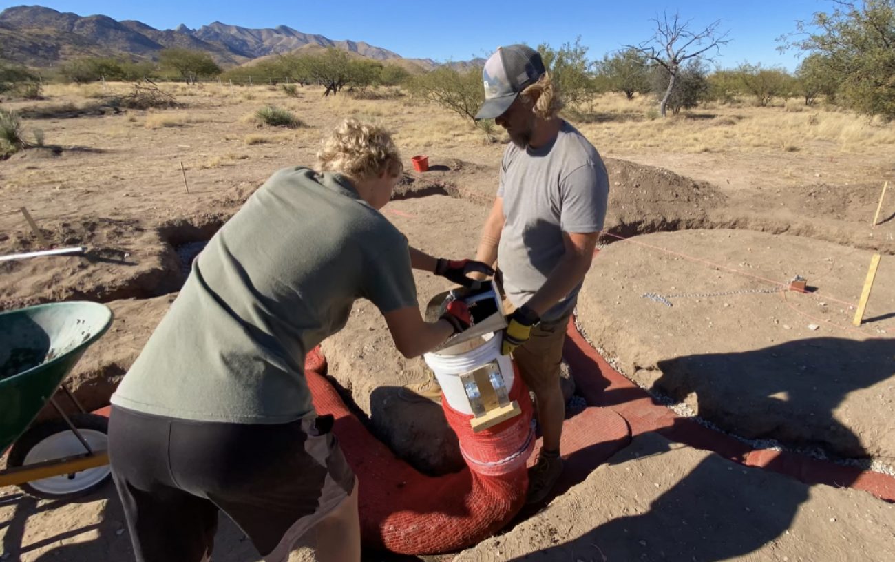 Hyperadobe Earthbag Bucket Delivery System in use.