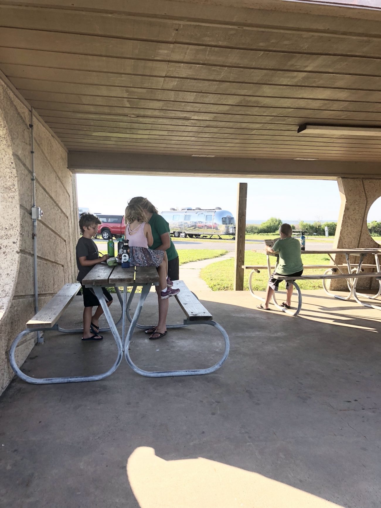 kids in picnic overhang playing