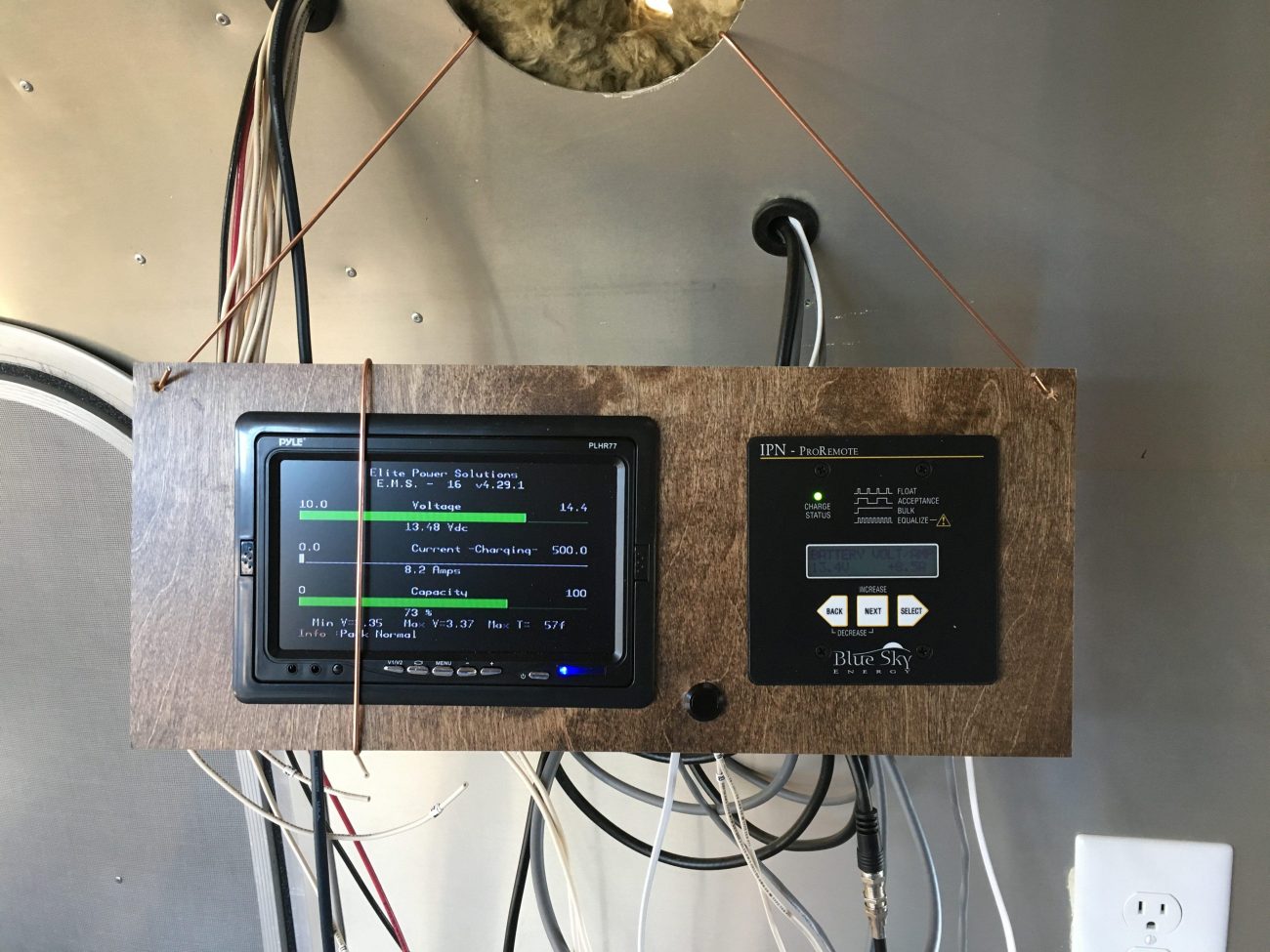 Temporarily hung battery and solar displays for testing.