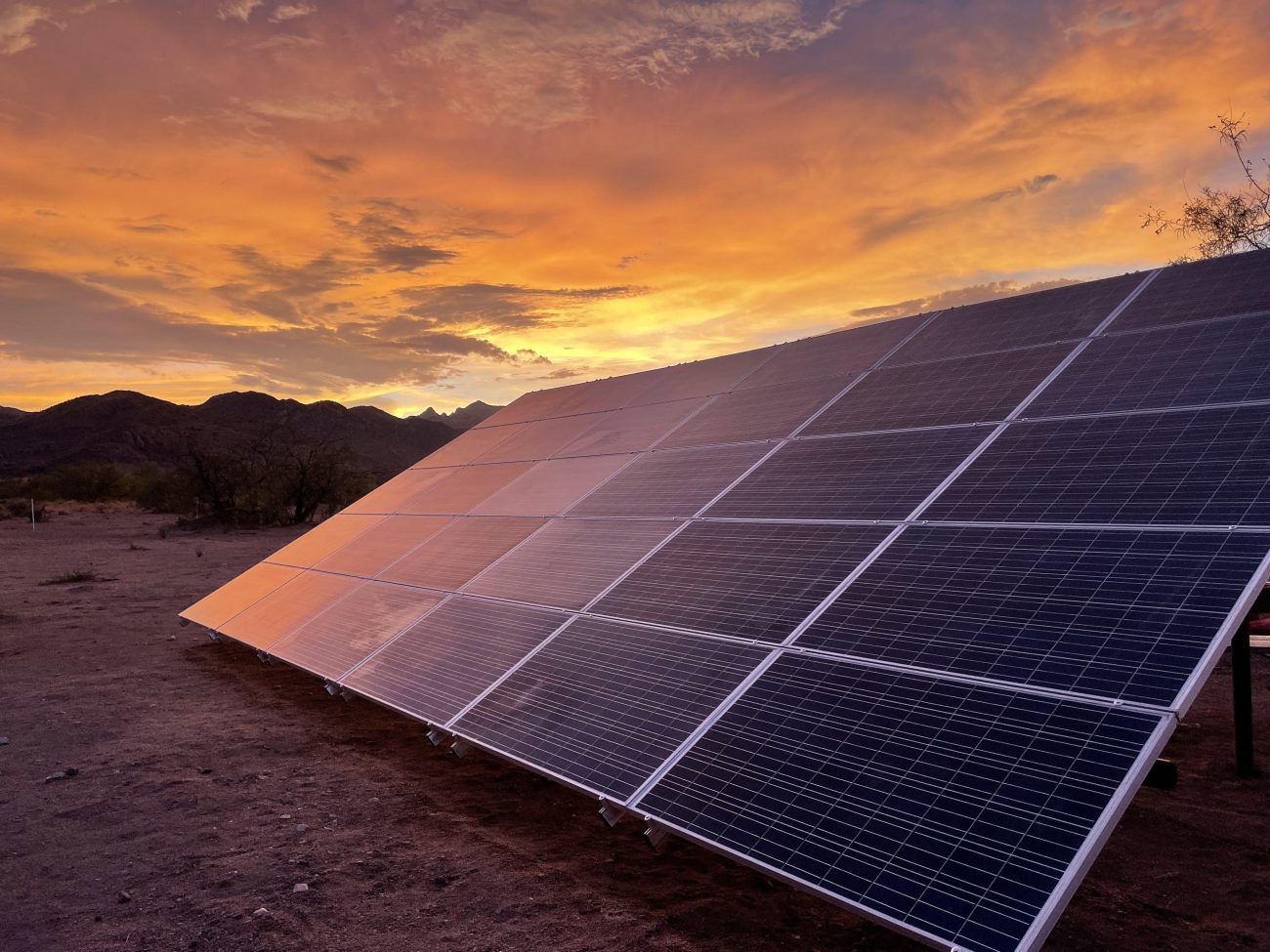 Solar panels and ground mount at sunset.